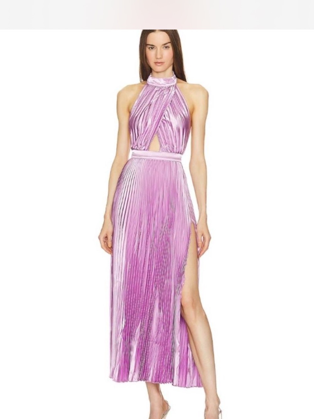 Lilac Pleated Halter Maxi Dress with Side Slit